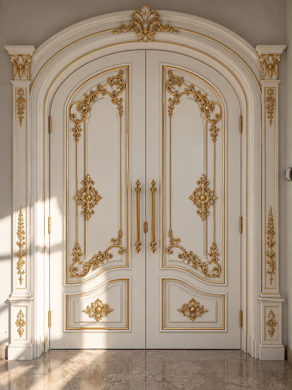 Ușă dublă în arcadă, albă, cu ornamente aurii în relief, mânere verticale aurii și pilaștri decorați.
